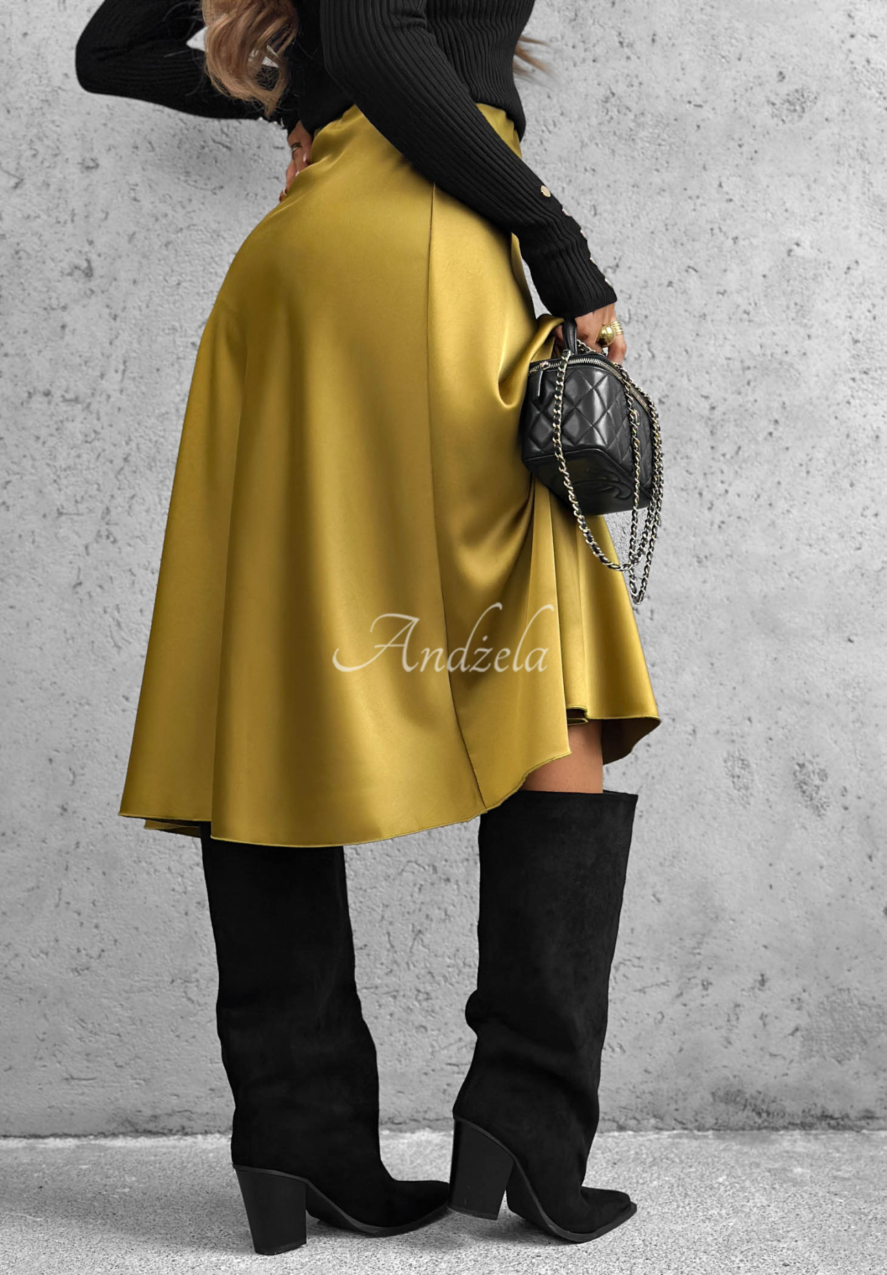 Long Weekend Olive-Colored Satin Viscose Midi Skirt
