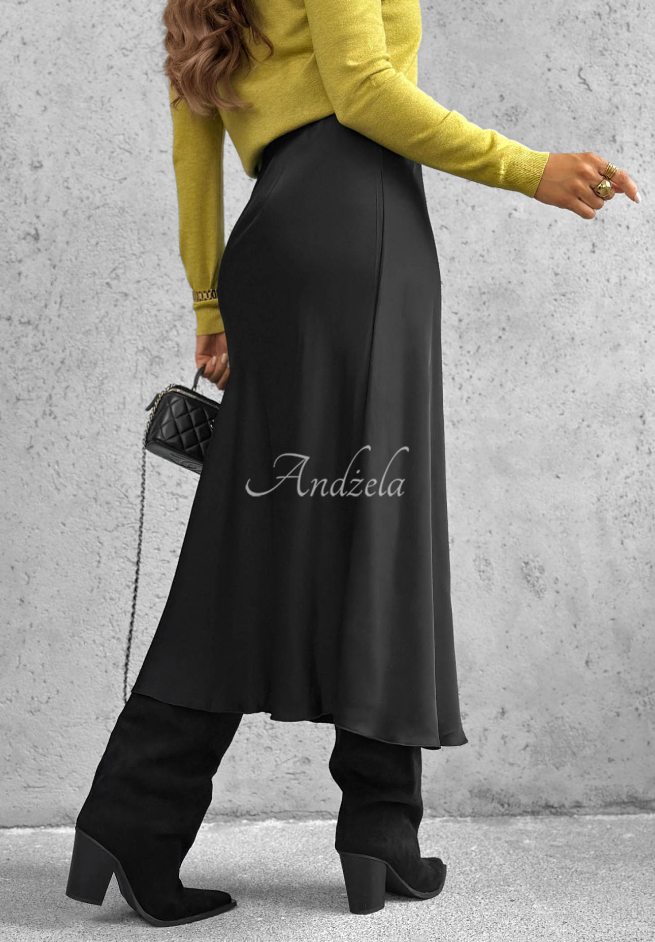 Secret Moment Black Satin Viscose Midi Skirt