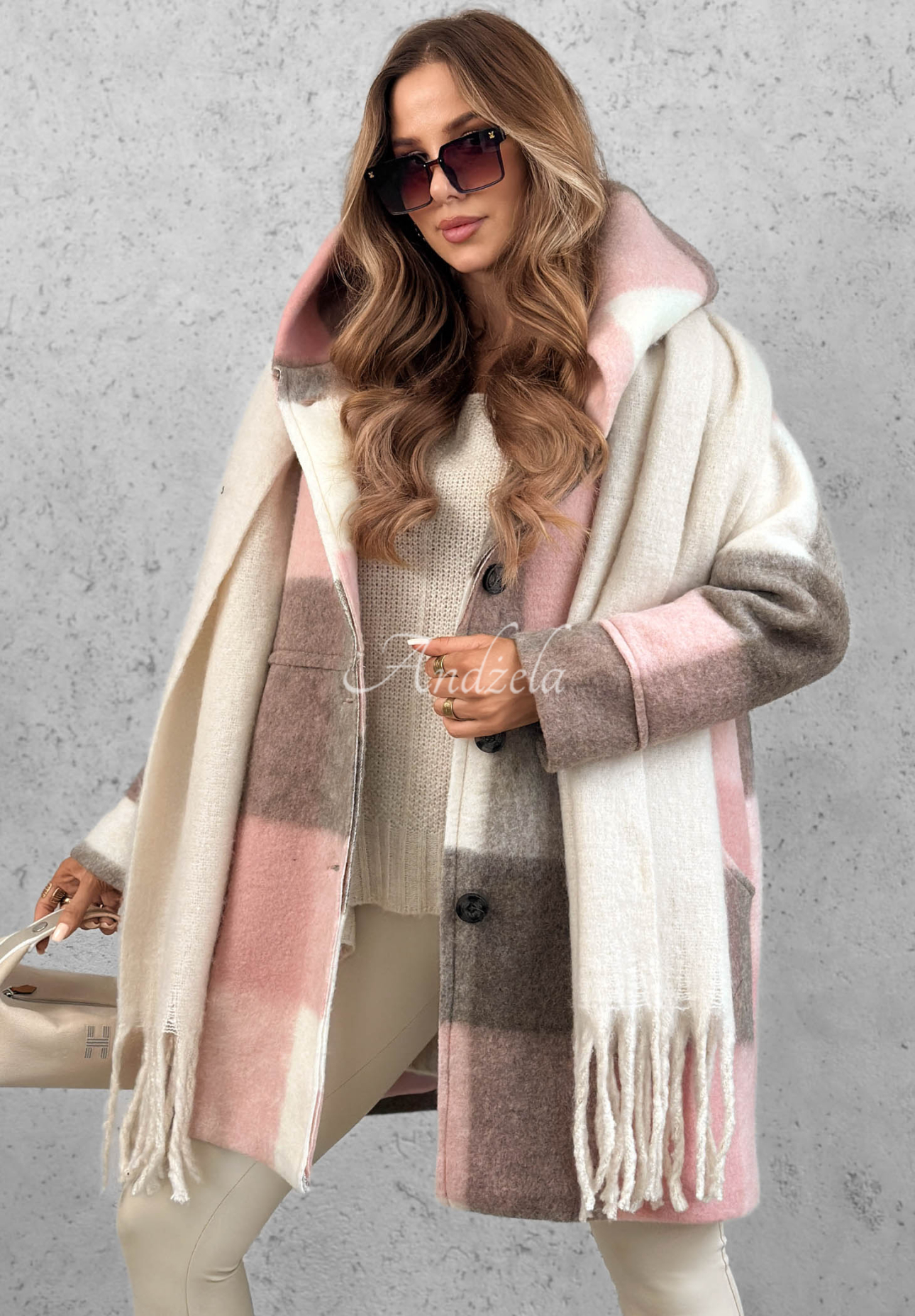October Romance Beige and Pink Wool-Blend Checkered Coat