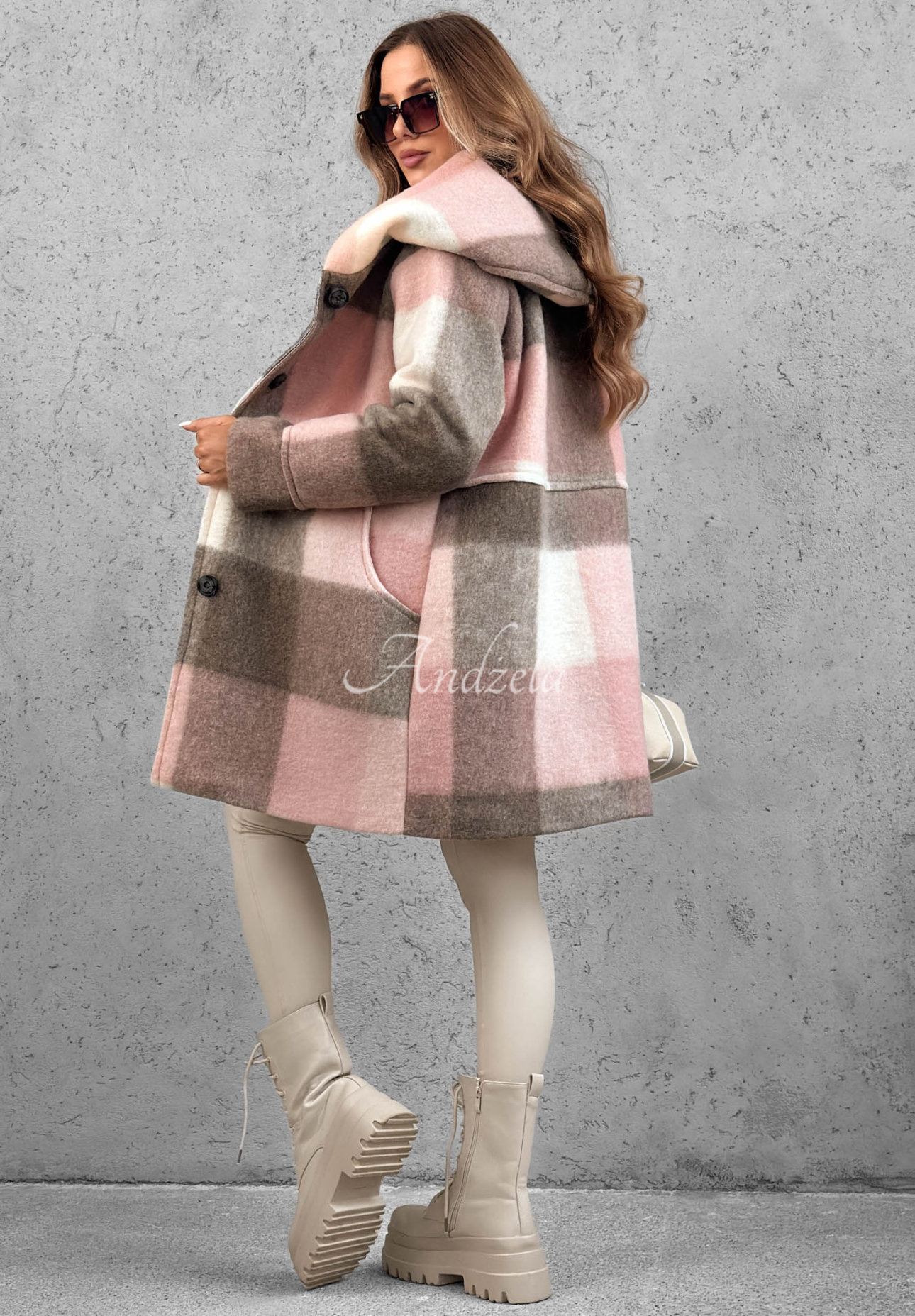 October Romance Beige and Pink Wool-Blend Checkered Coat