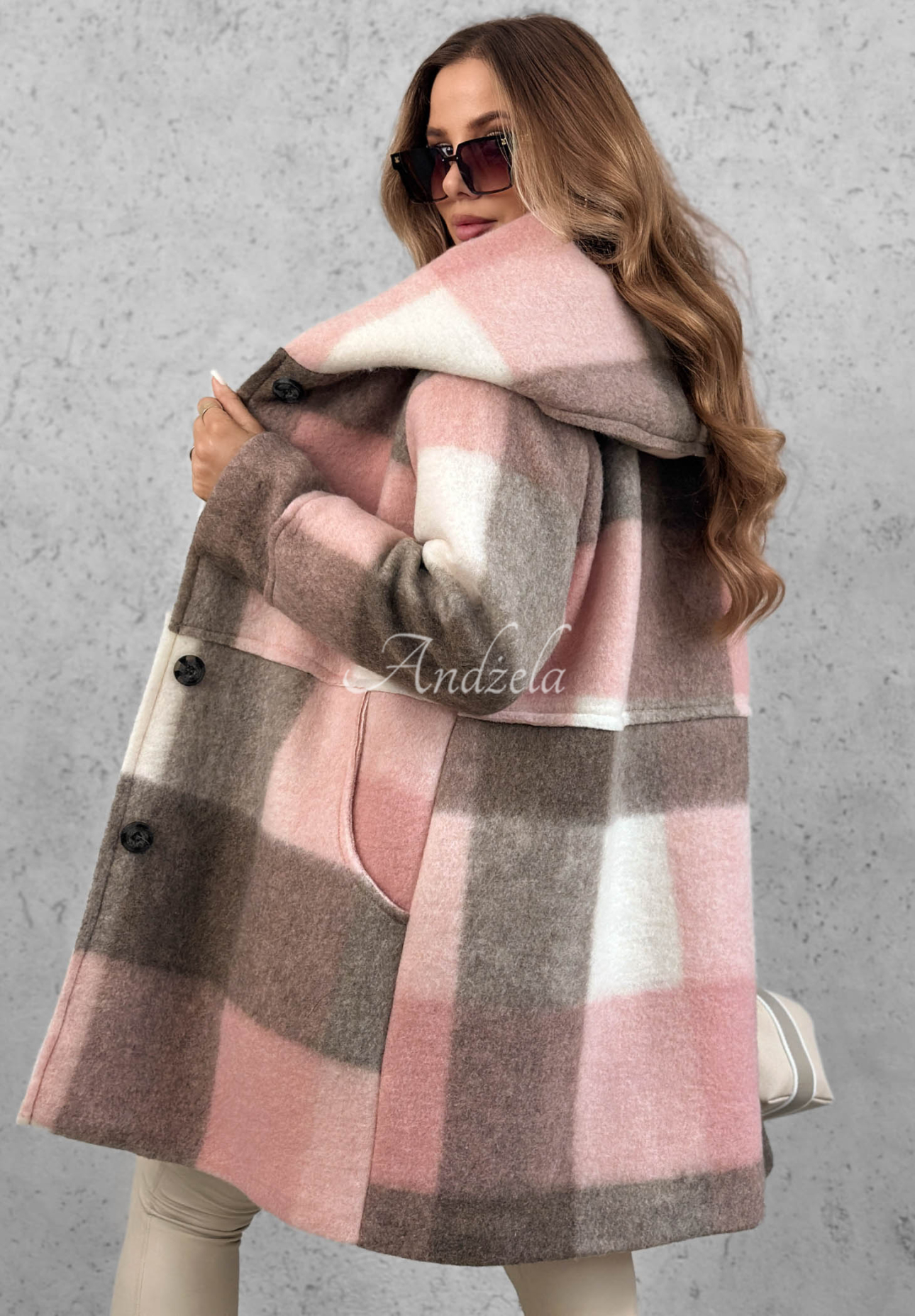 October Romance Beige and Pink Wool-Blend Checkered Coat