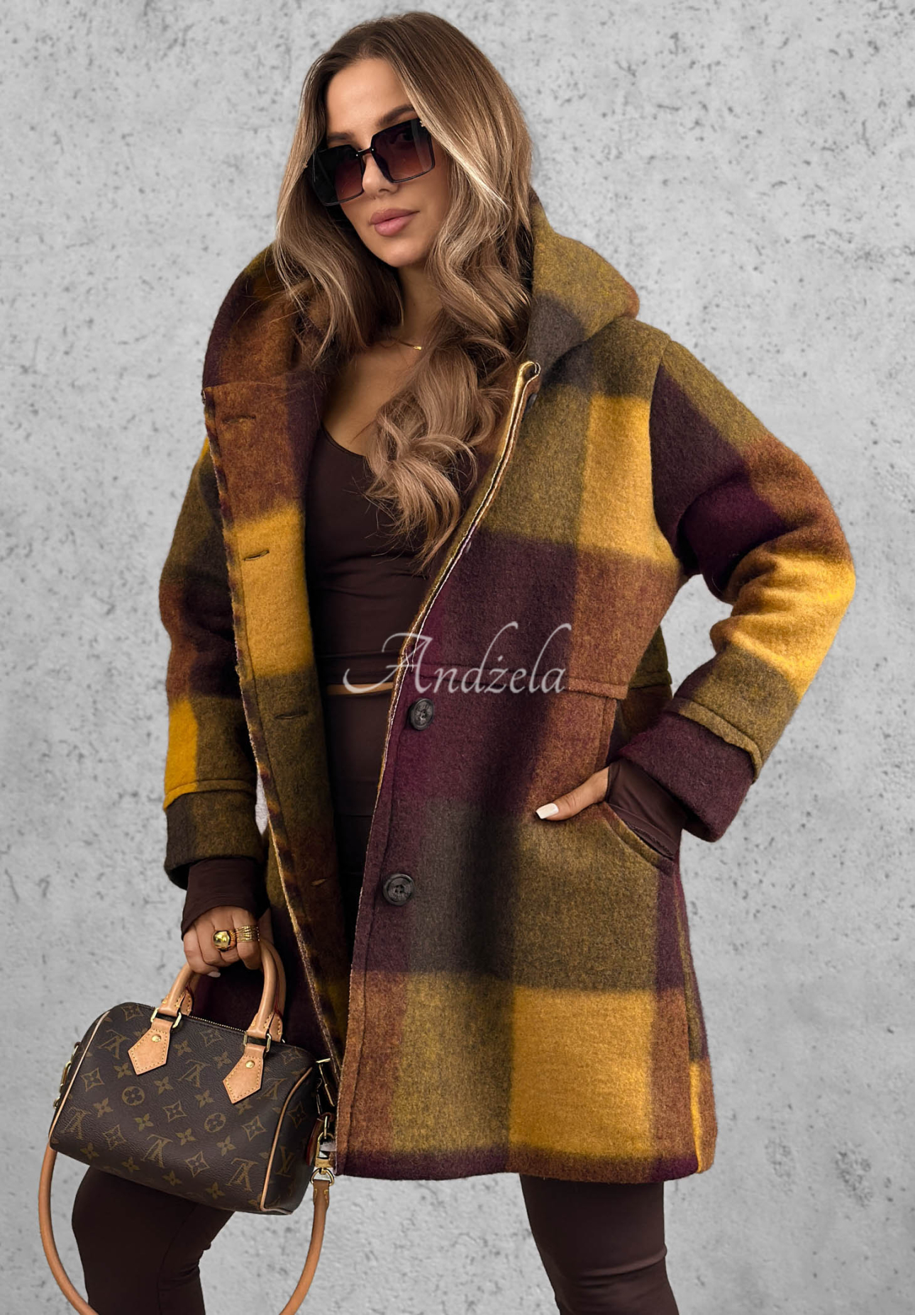 October Romance Blueberry-Mustard Checkered Wool Coat