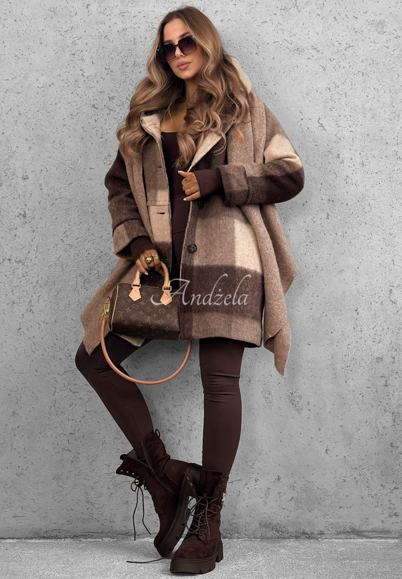 October Romance Chocolate-Beige Wool-Blend Checkered Coat