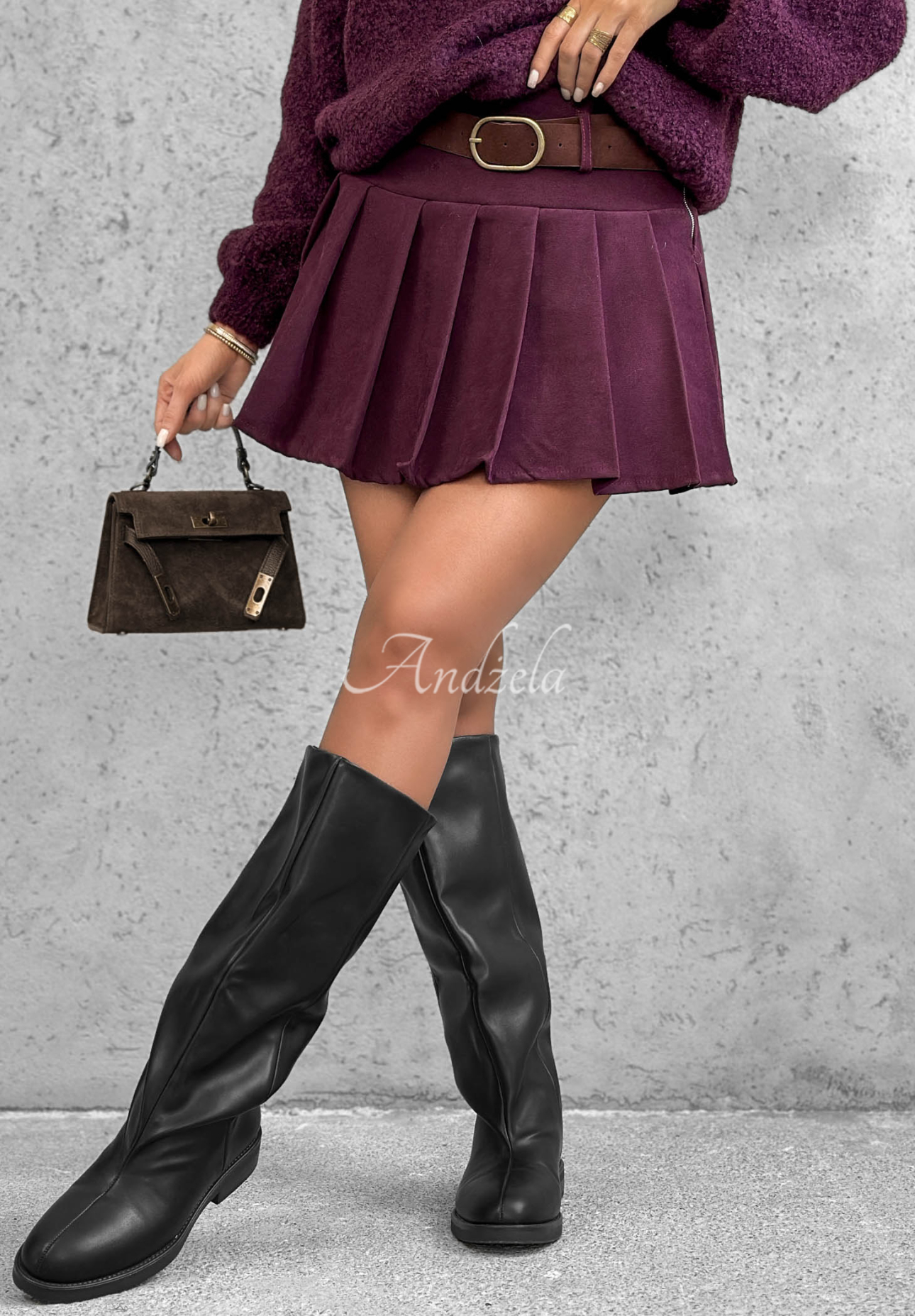 Fall Babe Berry-Colored Pleated Mini Skirt with Belt