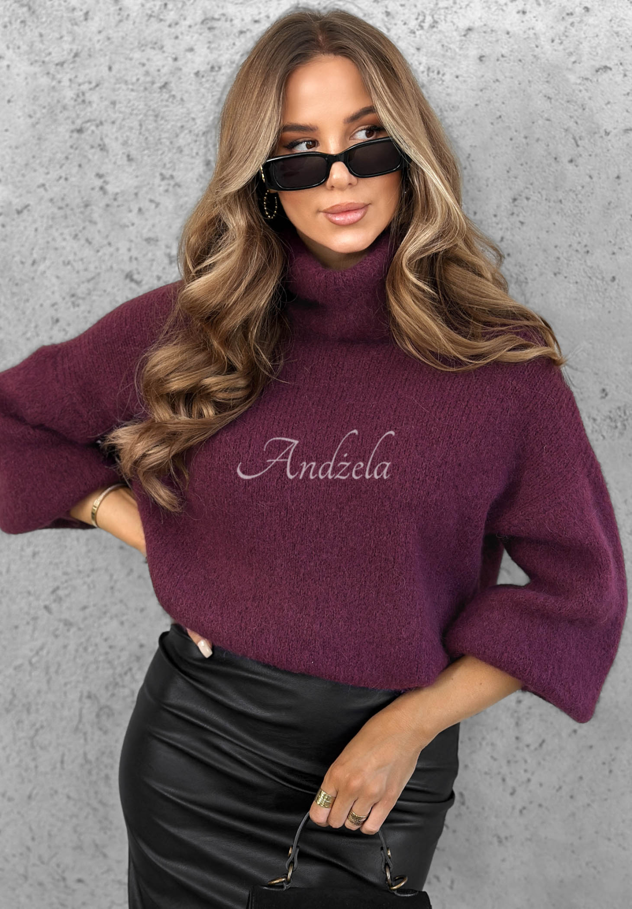 Soft turtleneck sweater made with Home Again baby alpaca yarn in blueberry