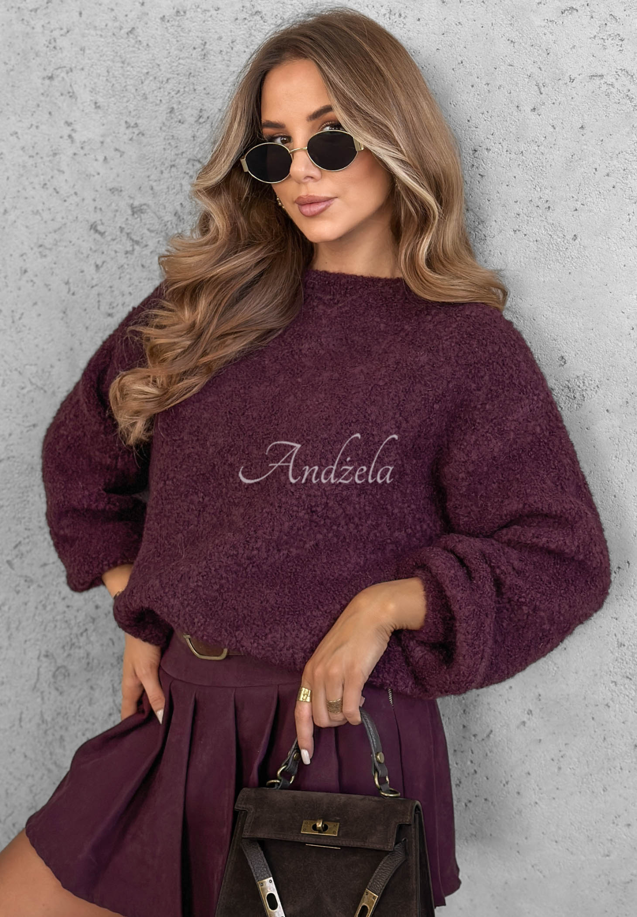 Sweter z moherem i wełną Long Evening jagodowy
