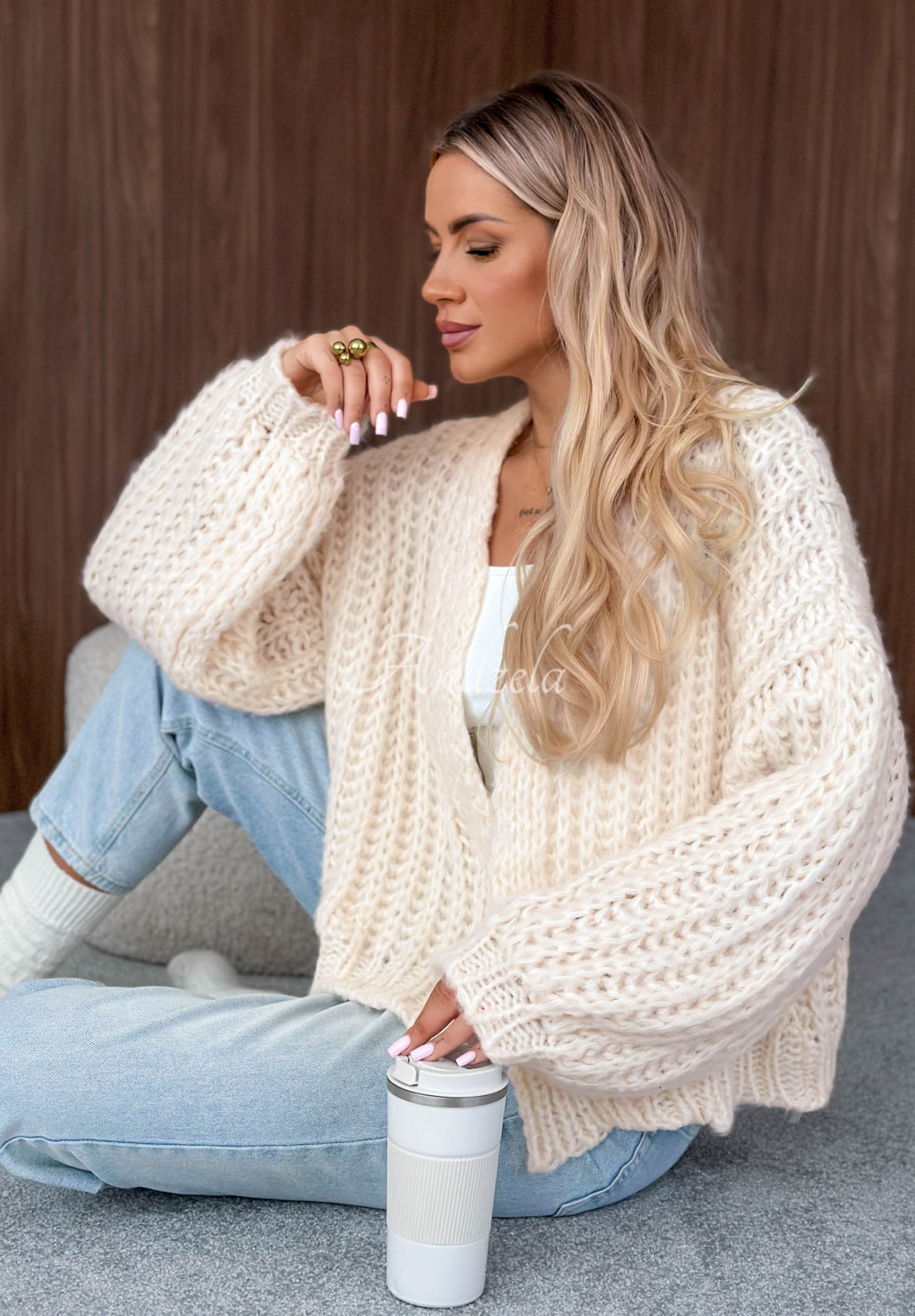 Frost Club Short Cardigan with Puff Sleeves, Light Beige