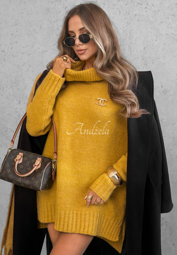 Oversized Turtleneck Sweater with Benin Wool in Mustard