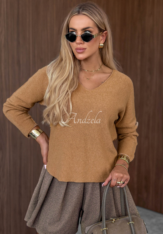Lightweight viscose V-neck sweater in camel by Amber Woods