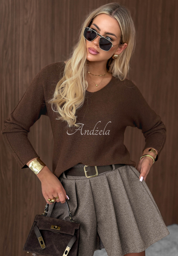 Wiskozowy lekki sweter z dekoltem w serek Amber Woods czekoladowy
