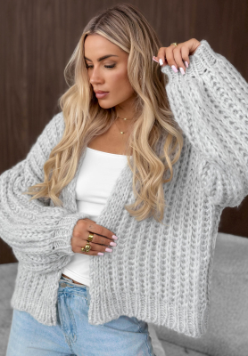 Krótki sweter kardigan z bufkami Frost Club jasnoszary