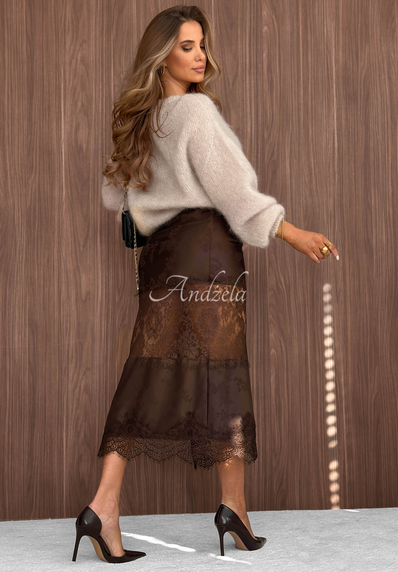 Autumn Desire Chocolate Satin Midi Skirt with Lace