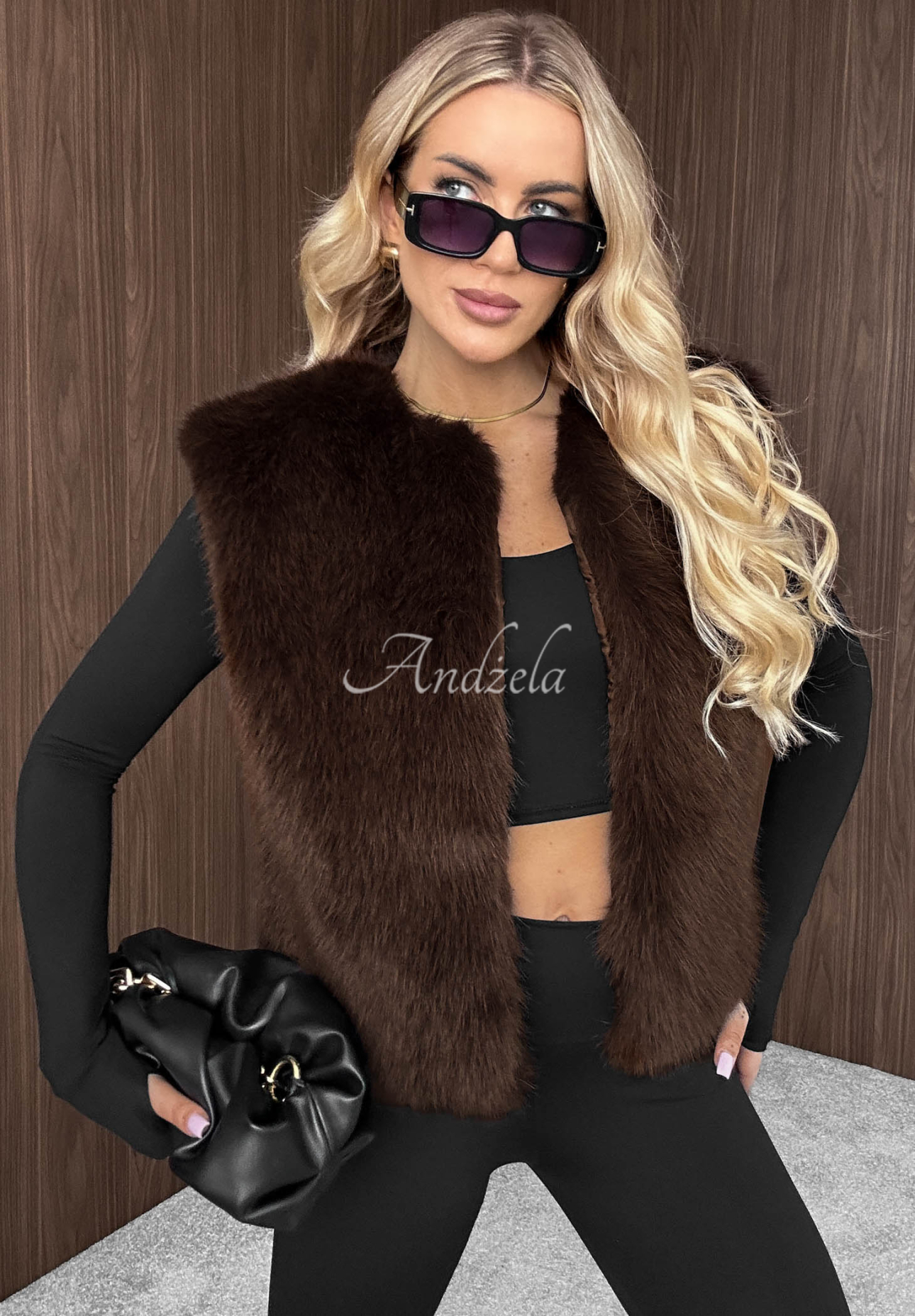 Krótka kamizelka futerko Cozy Fur czekoladowa