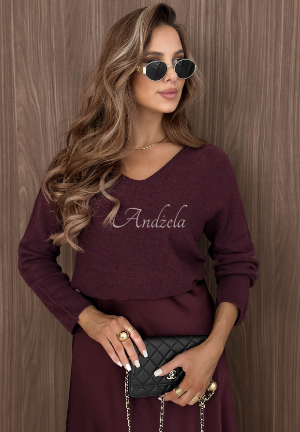 Wiskozowy lekki sweter z dekoltem w serek Amber Woods jagodowy