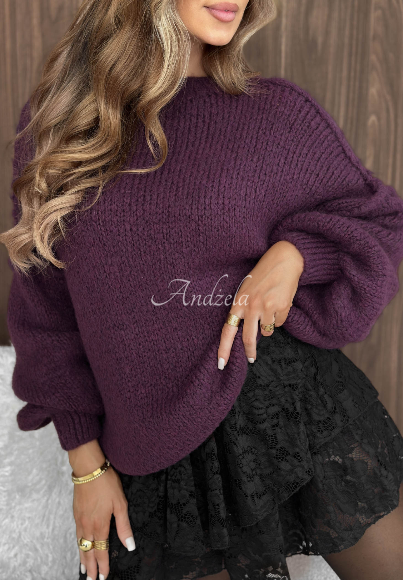 Sweter oversize z wełną Magic Hour jagodowy