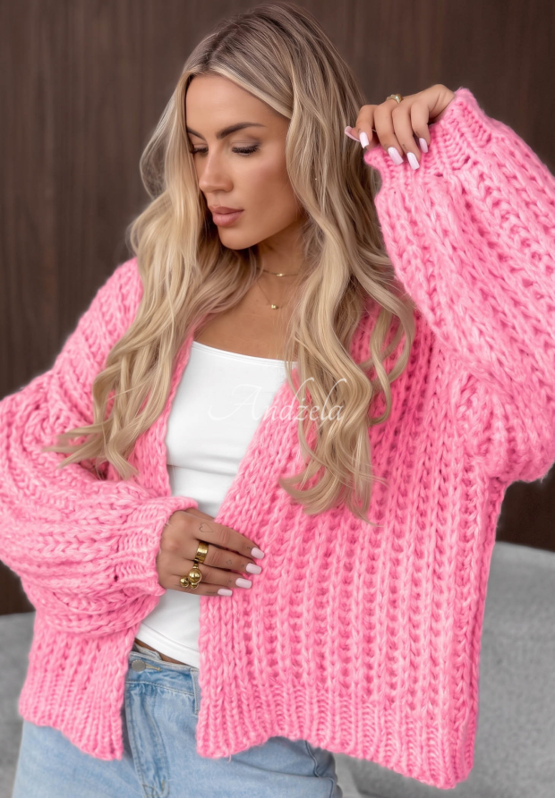 Kr&oacute;tki sweter kardigan z bufkami Frost Club r&oacute;żowy