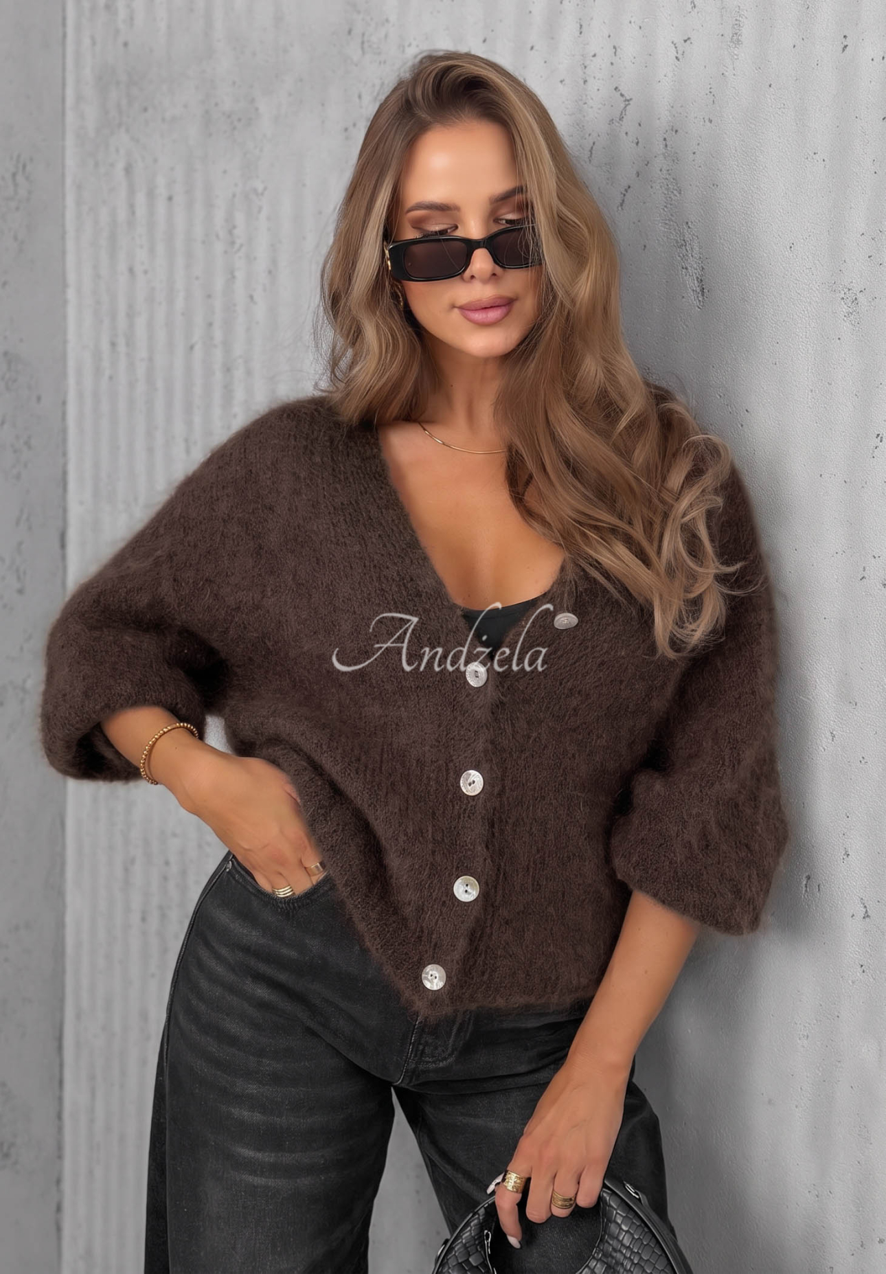 Short mohair cardigan with a front closure, Sugar Cloud, chocolate brown