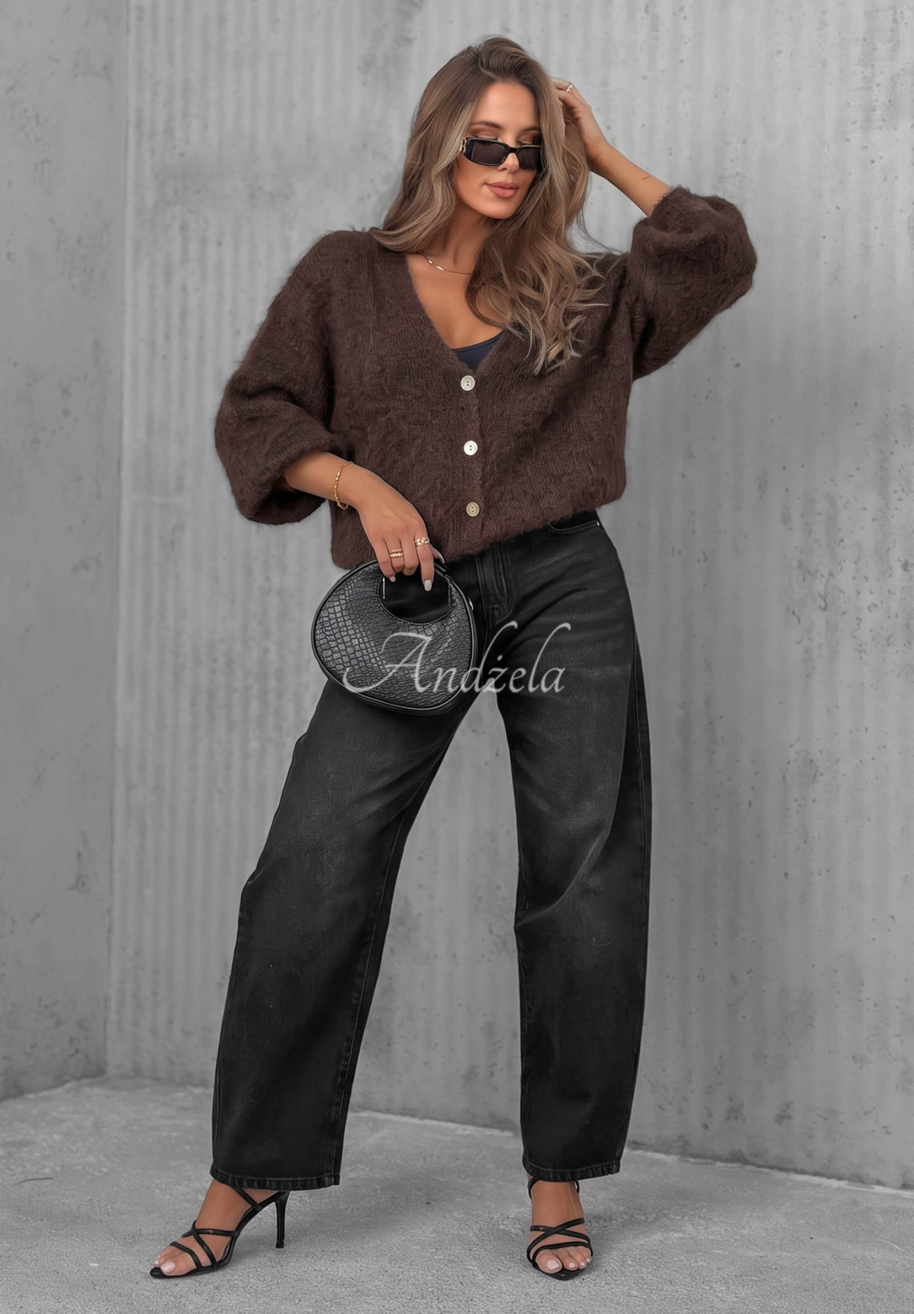 Short mohair cardigan with a front closure, Sugar Cloud, chocolate brown