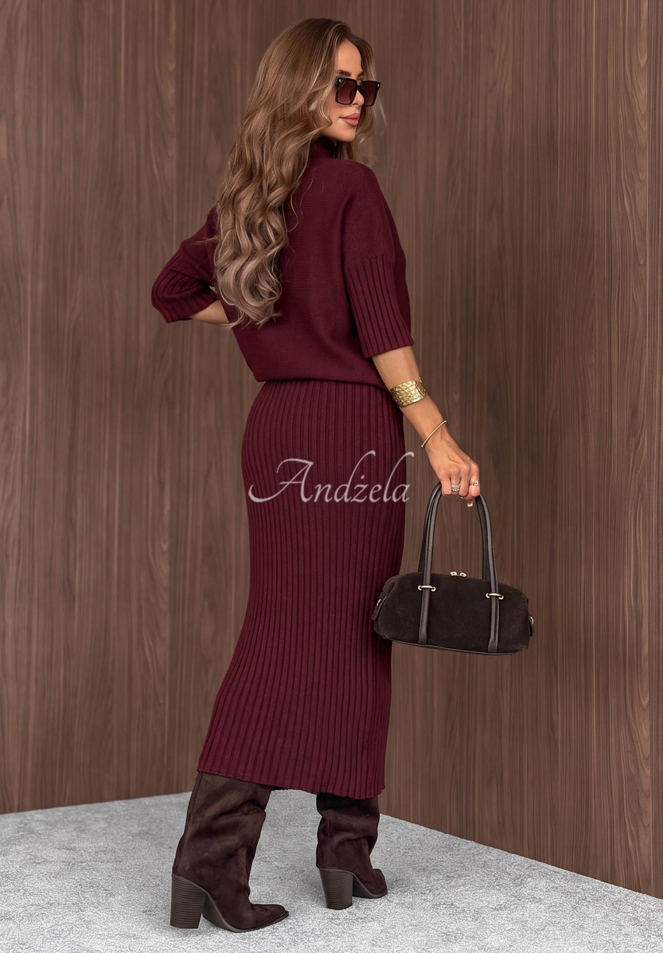 Silent Sunday burgundy viscose set: sweater and ribbed skirt