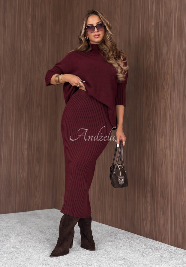Silent Sunday burgundy viscose set: sweater and ribbed skirt