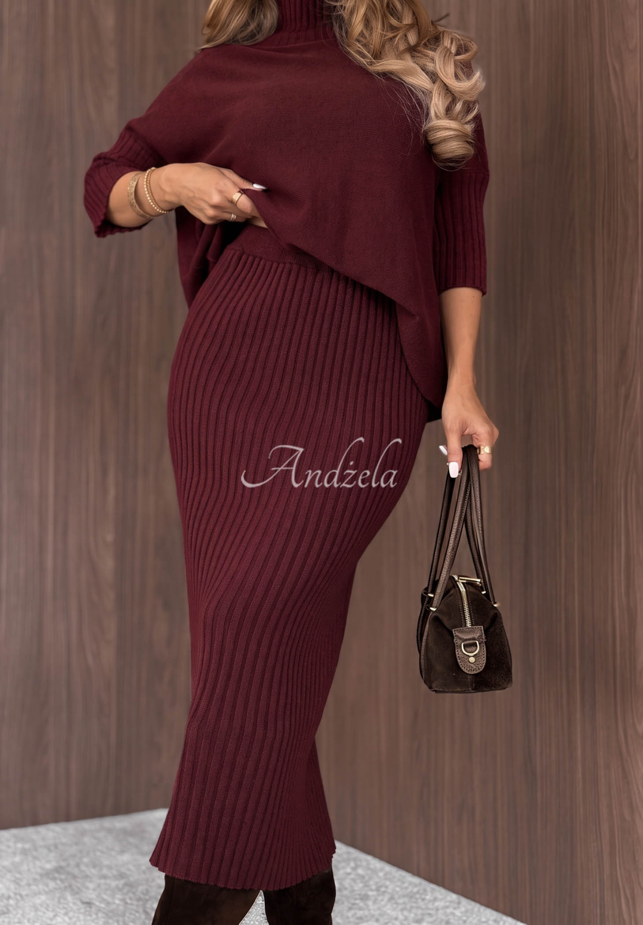 Silent Sunday burgundy viscose set: sweater and ribbed skirt