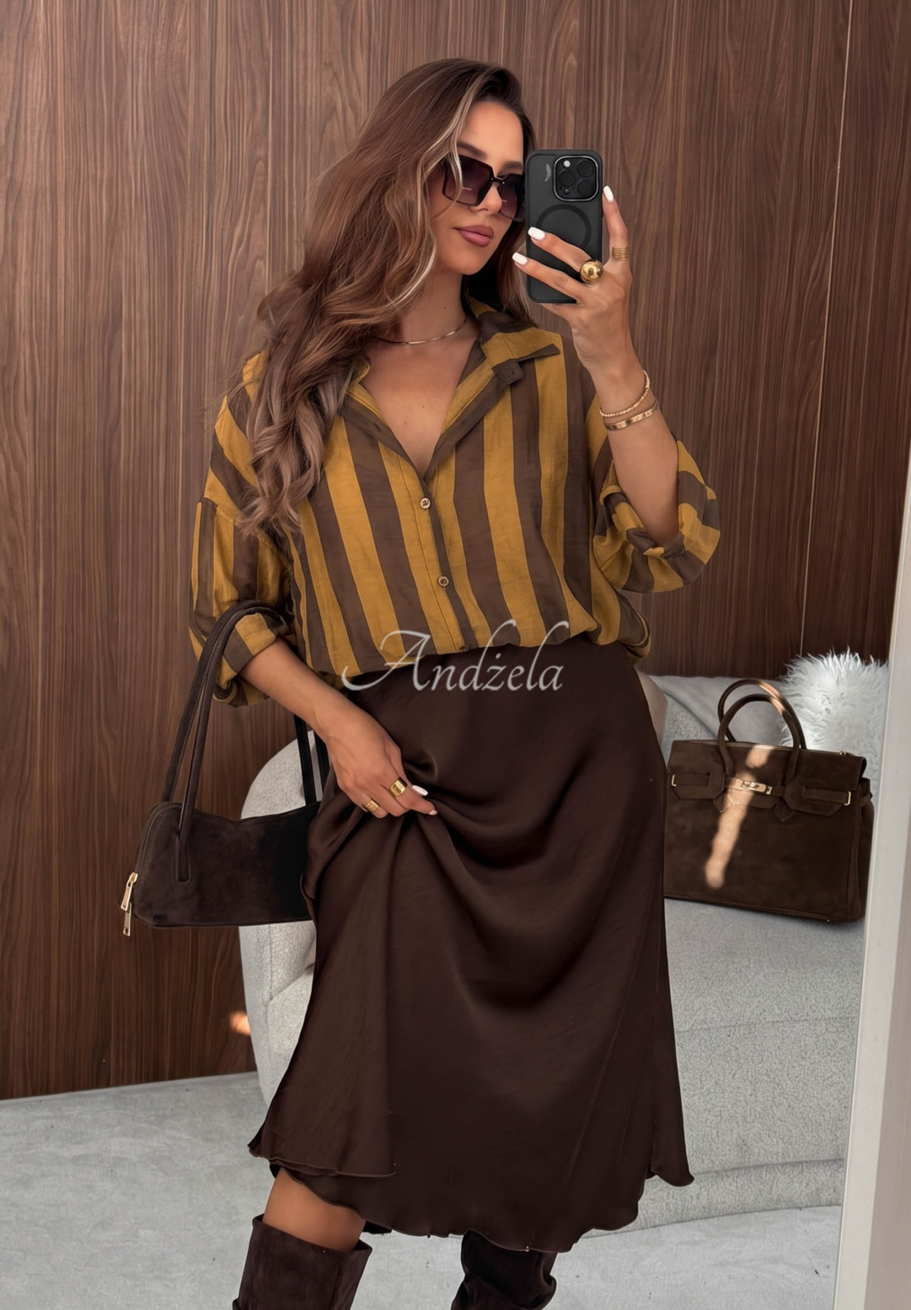 Honey Sun Oversized Striped Lyocell Shirt in Chocolate and Olive