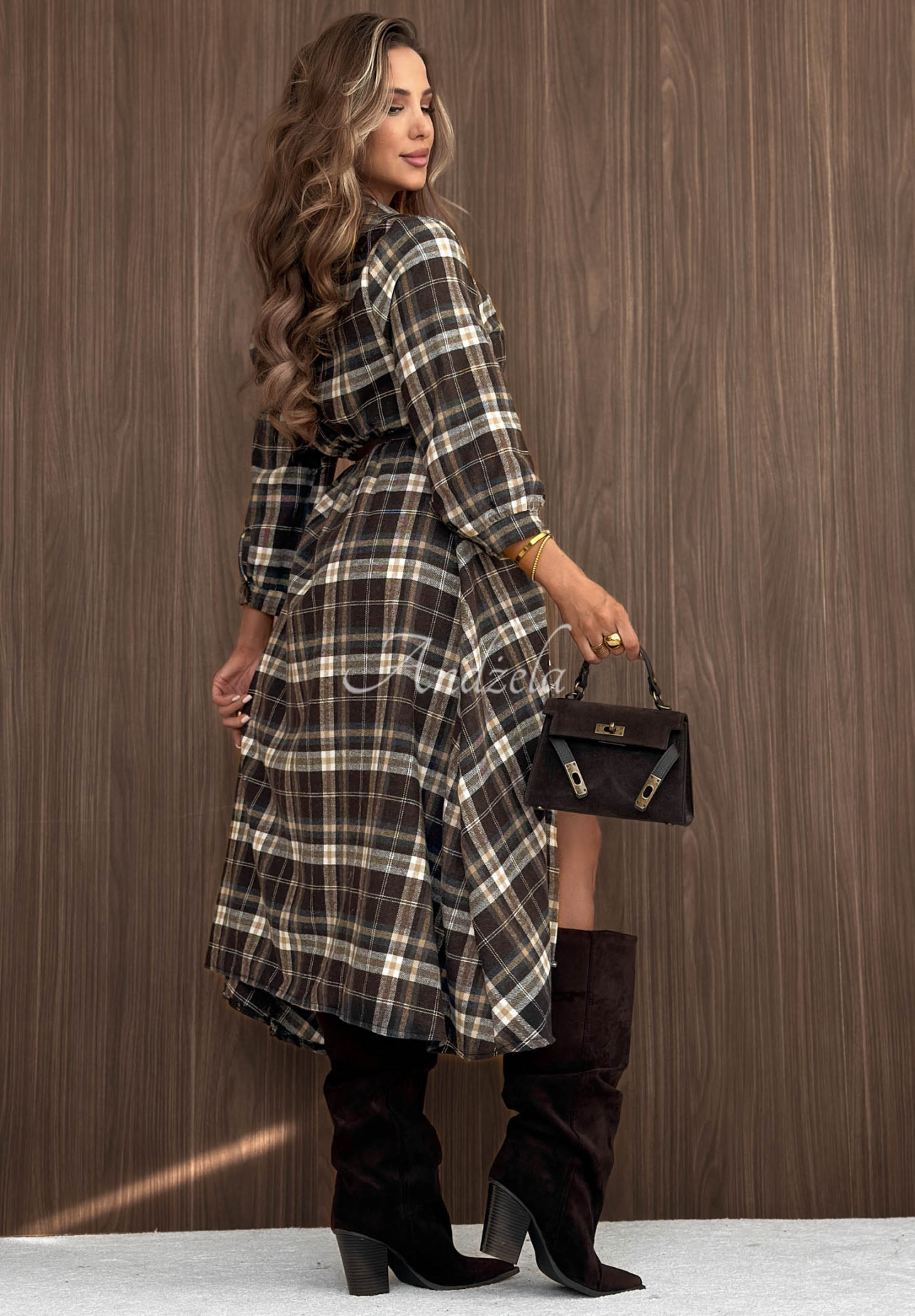 Fall Signature Chocolate-Colored Checkered Cotton Midi Shirt Dress