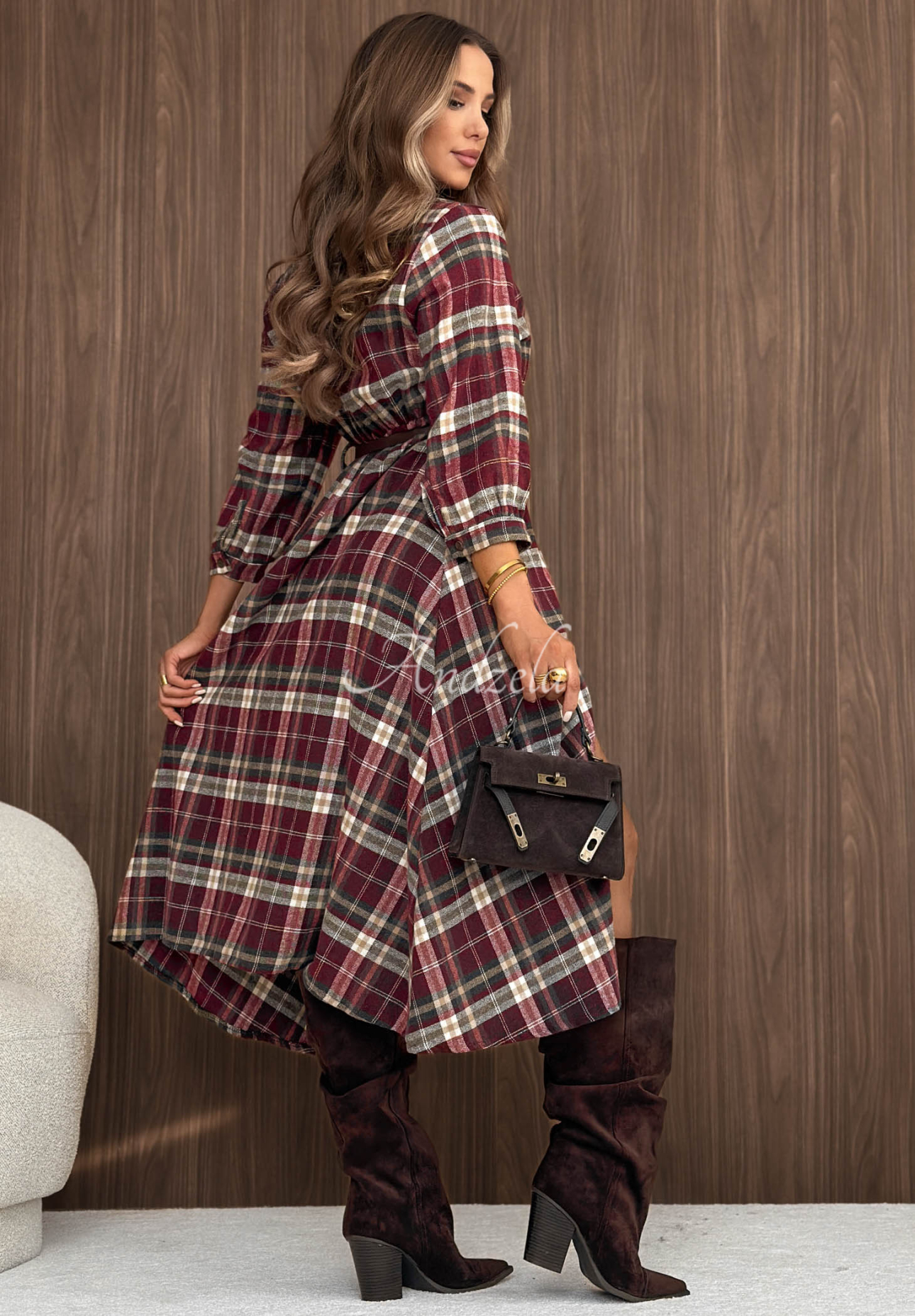 Fall Signature Blueberry Checkered Cotton Midi Shirt Dress