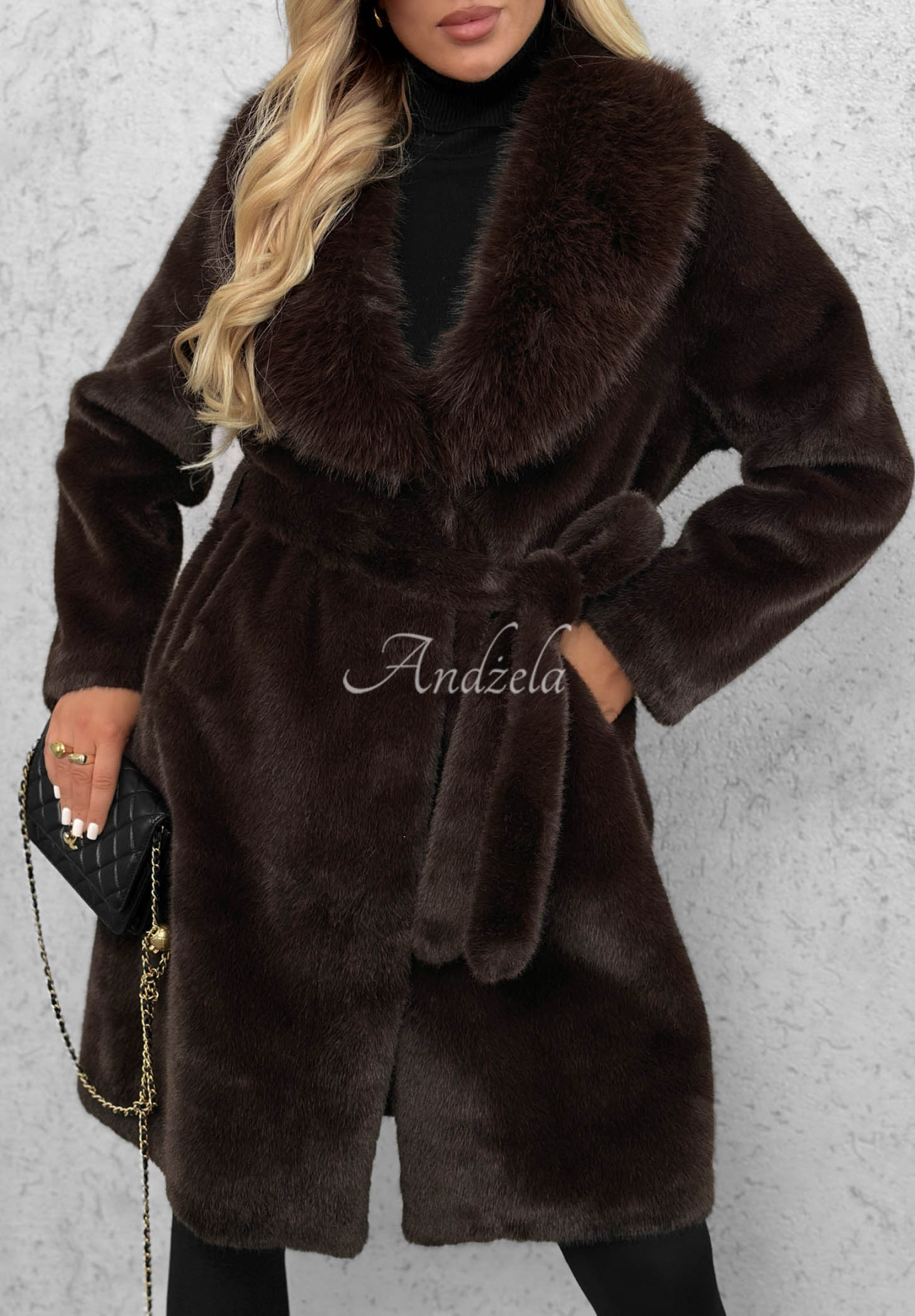 Cloud Cuddle Chocolate-Colored Fur Coat with Belt