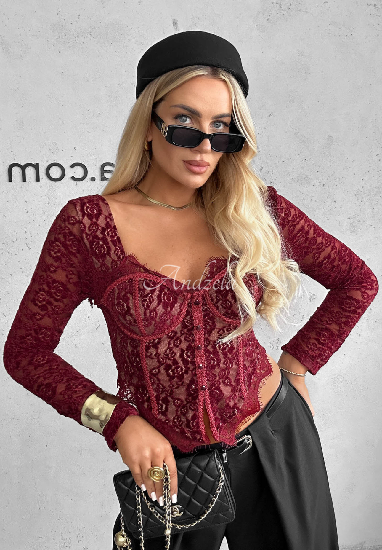 Pure Seduction Burgundy Lace Long-Sleeve Corset-Style Blouse