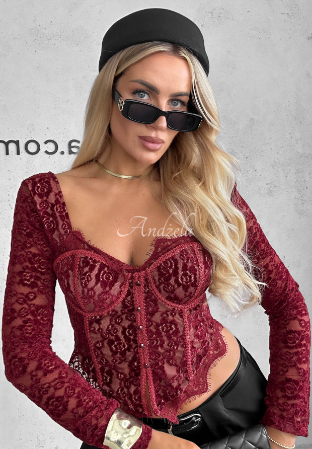 Gorsetowa bluzka longsleeve z koronki Pure Seduction burgundowa