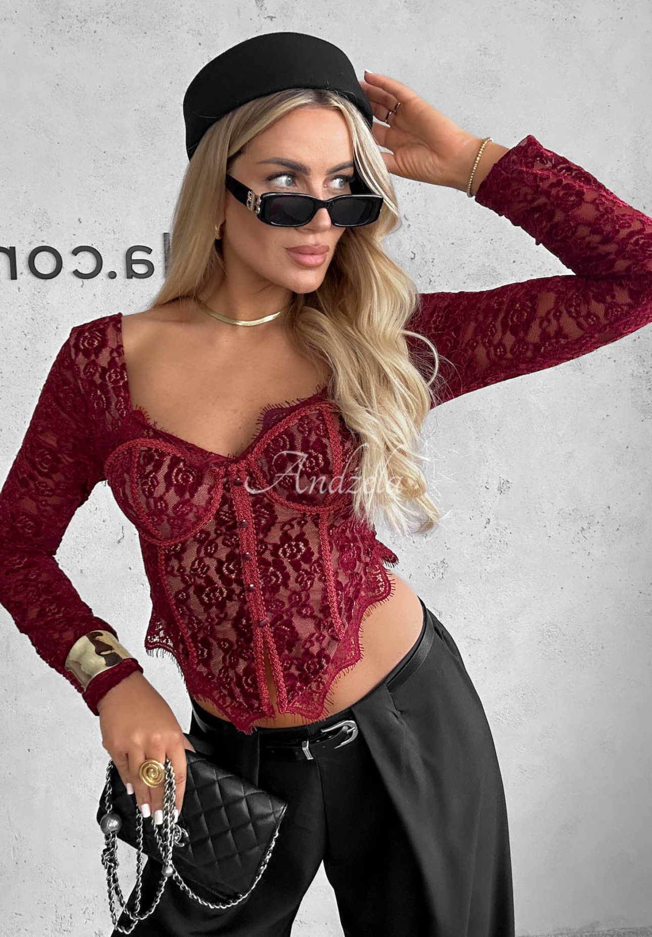 Pure Seduction Burgundy Lace Long-Sleeve Corset-Style Blouse