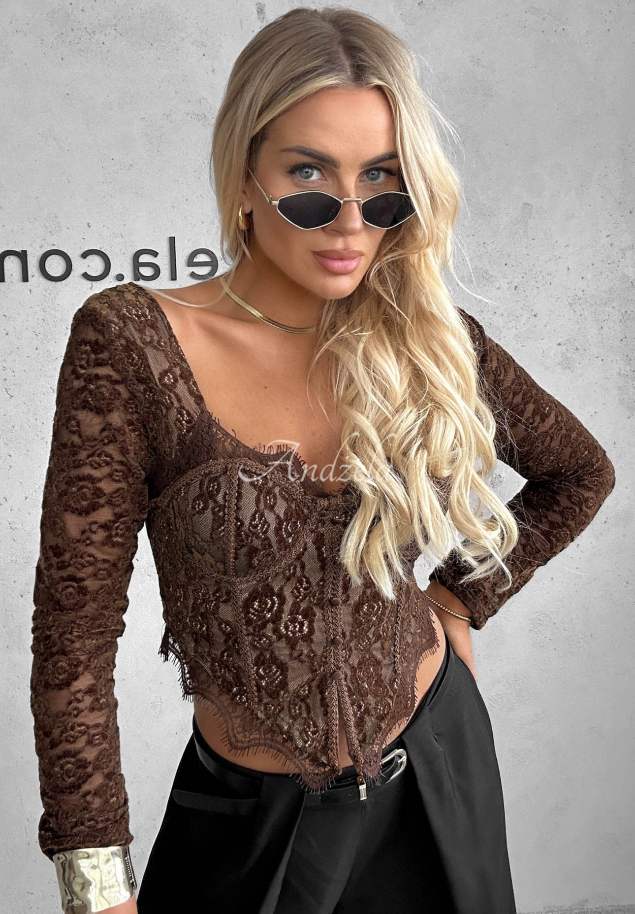 Gorsetowa bluzka longsleeve z koronki Pure Seduction czekoladowa