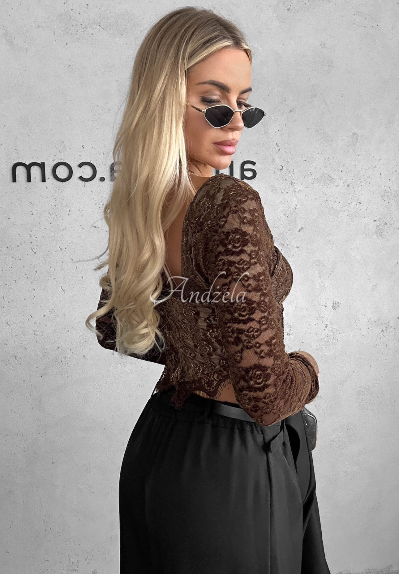 Pure Seduction Chocolate-Colored Lace Long-Sleeve Corset-Style Blouse