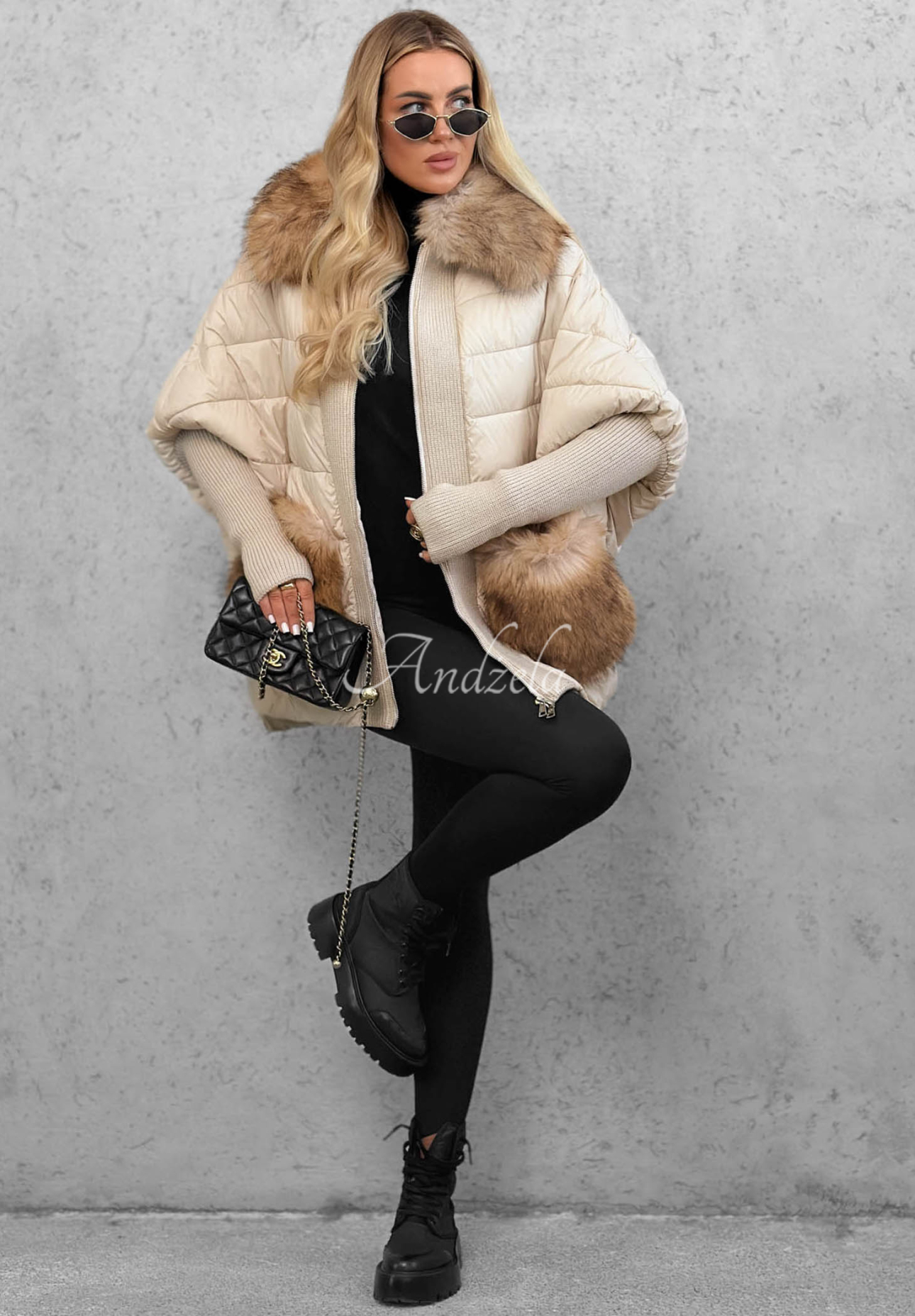 Apple Crumble Light Beige Short Quilted Jacket with Fur Trim