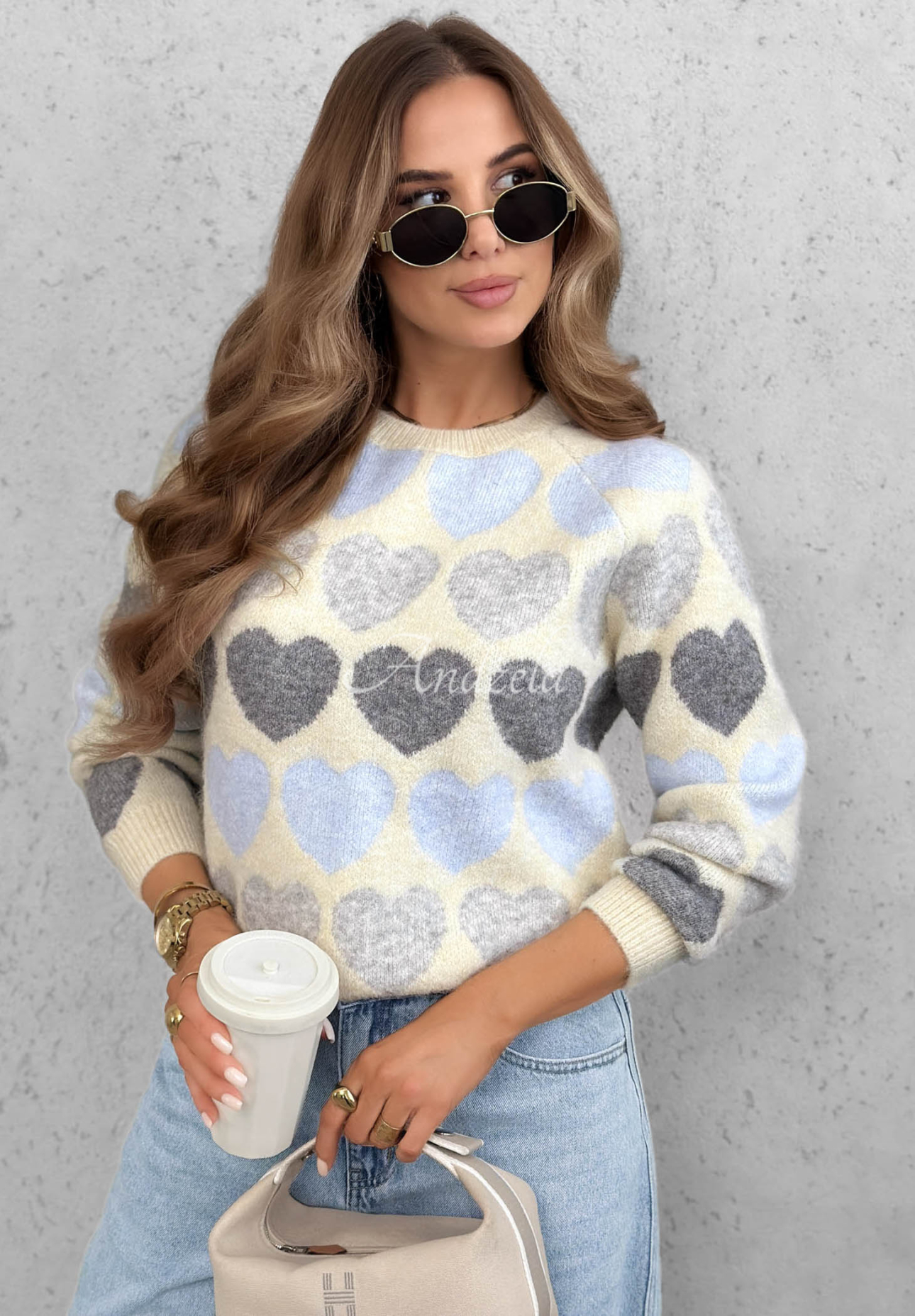 Soft Hearts Beige and Light Blue Soft Wool Sweater with Hearts