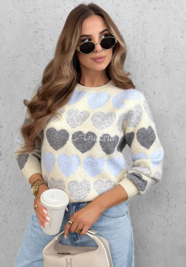 Soft Hearts Beige and Light Blue Soft Wool Sweater with Hearts