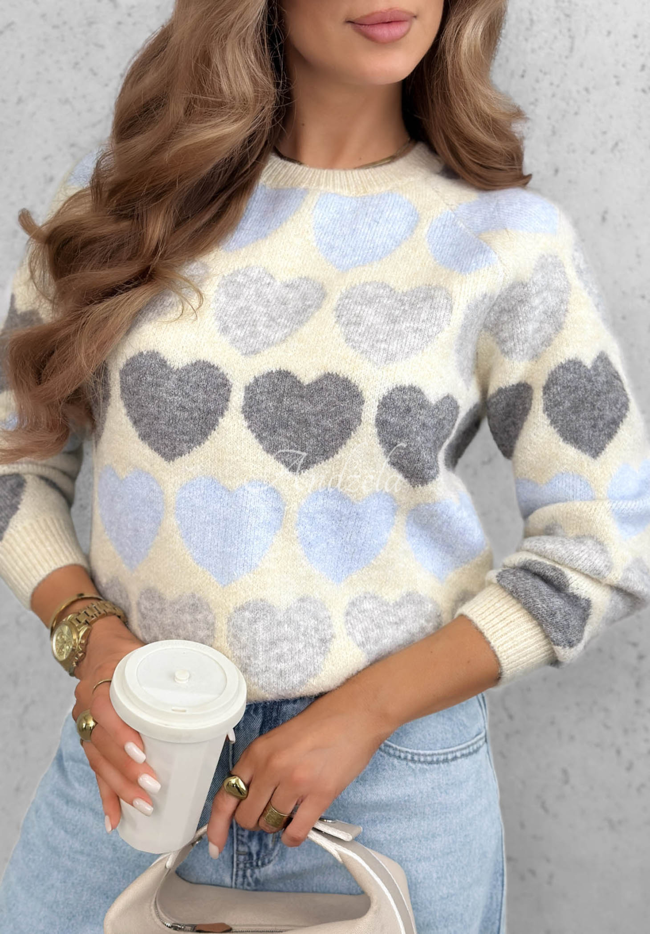 Soft Hearts Beige and Light Blue Soft Wool Sweater with Hearts