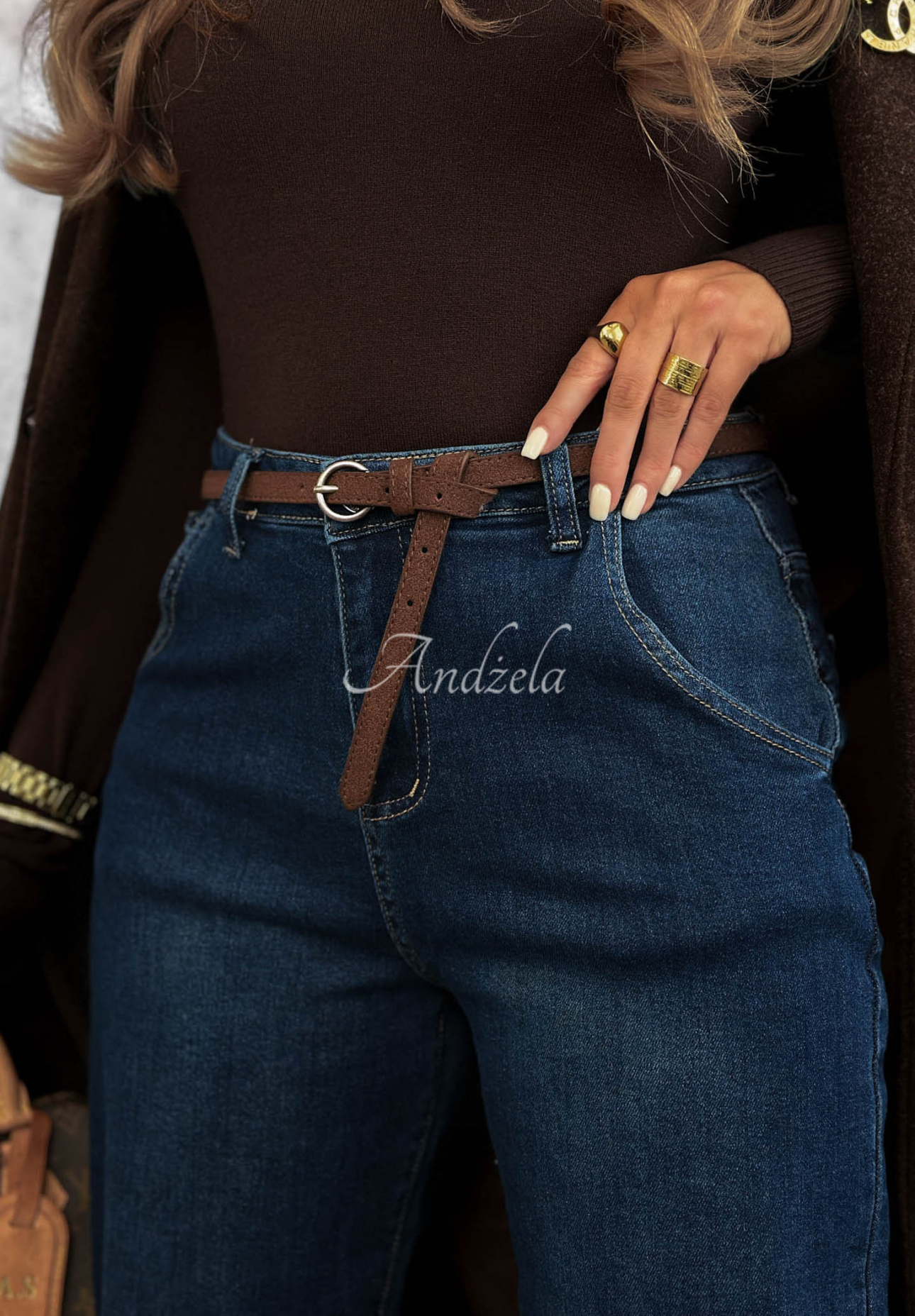 Running Late dark blue mom-fit jeans with a belt