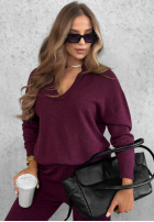Dzianinowy komplet sweter z kołnierzem i spodnie wide leg Warm Dreams jagodowy