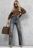 Spodnie jeansowe straight z haftowanymi kwiatami Morning Flores niebieskie