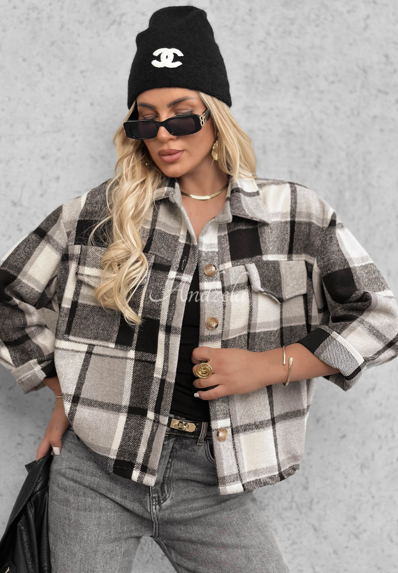 Cloudy Honey Gray Checkered Outer Shirt with Pockets