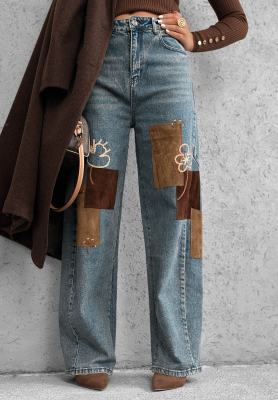 Spodnie jeansowe wide leg z naszywkami Fall Mood niebieskie