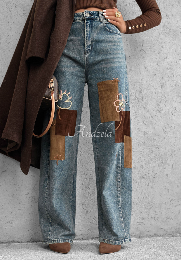 Blue Fall Mood wide-leg jeans with patches