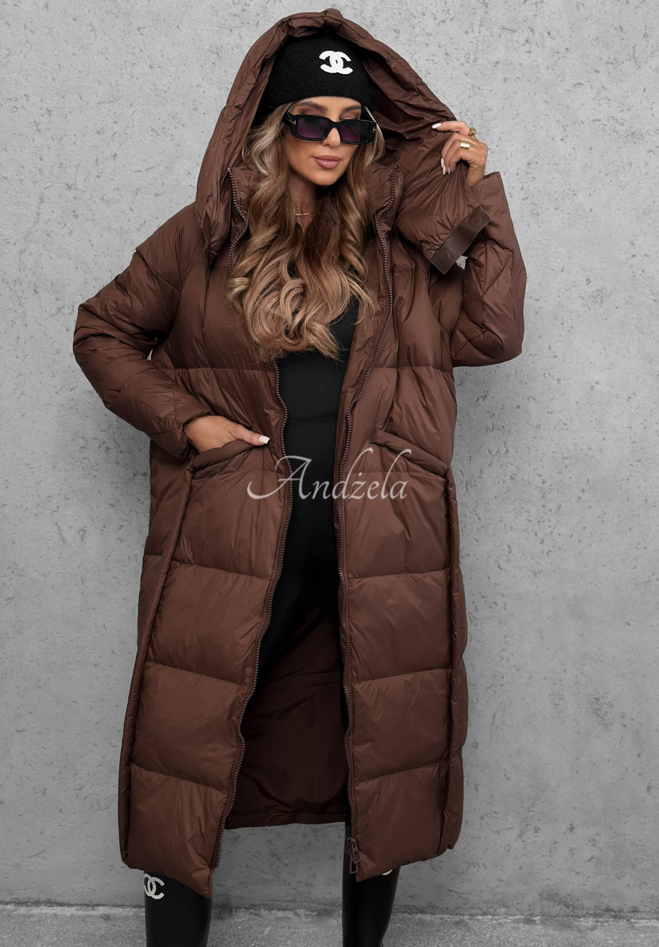 Długa puchowa kurtka z kapturem Want Winter czekoladowa