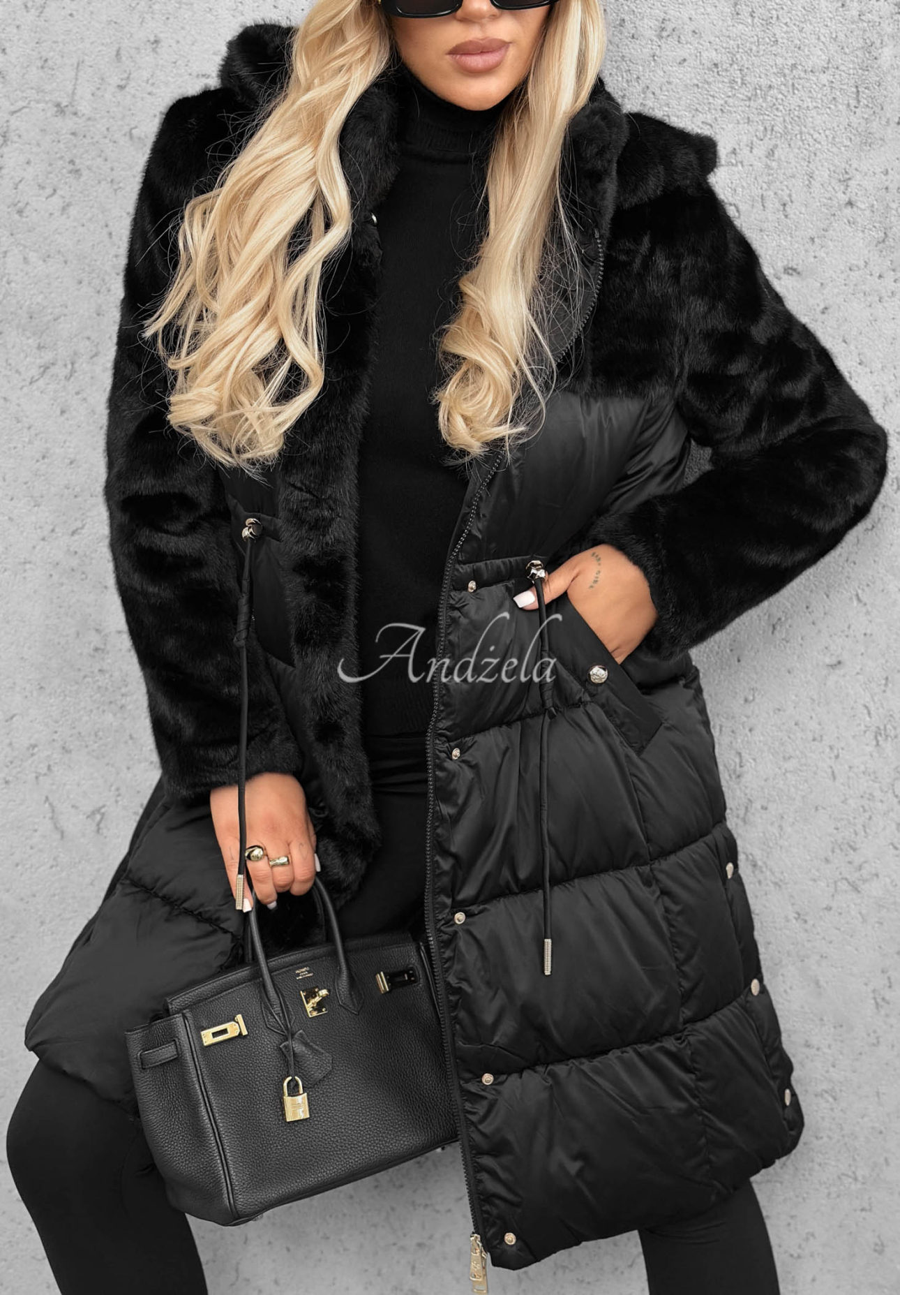 Out Today Long Quilted Jacket with Teddy Bear, Black