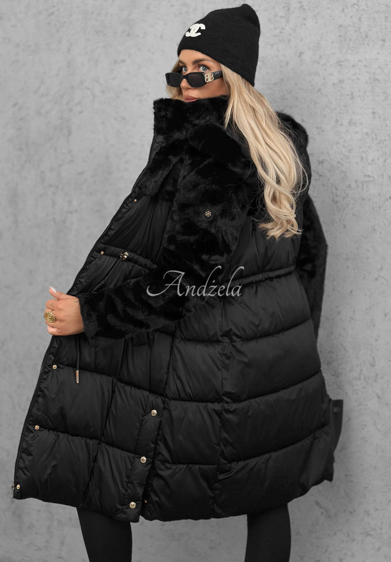 Out Today Long Quilted Jacket with Teddy Bear, Black