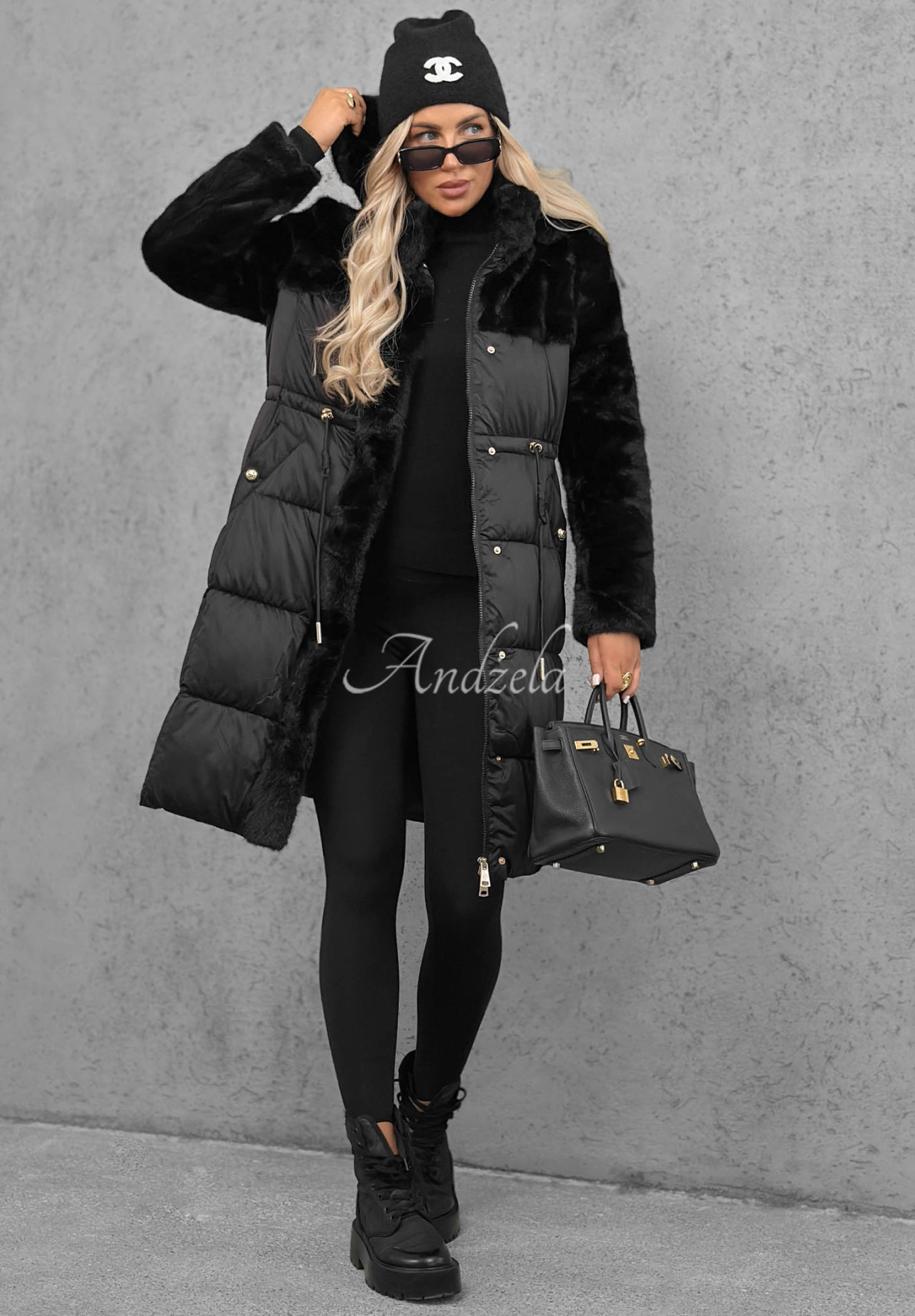 Out Today Long Quilted Jacket with Teddy Bear, Black
