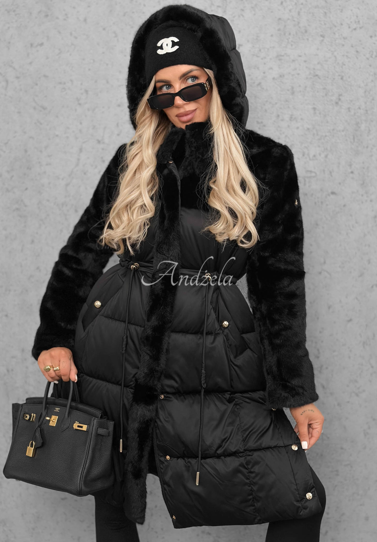 Out Today Long Quilted Jacket with Teddy Bear, Black