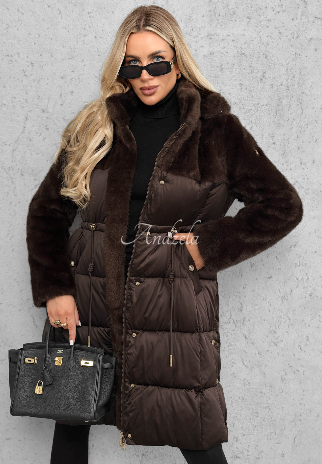 Out Today Long Quilted Jacket with Teddy Bear, Chocolate Brown